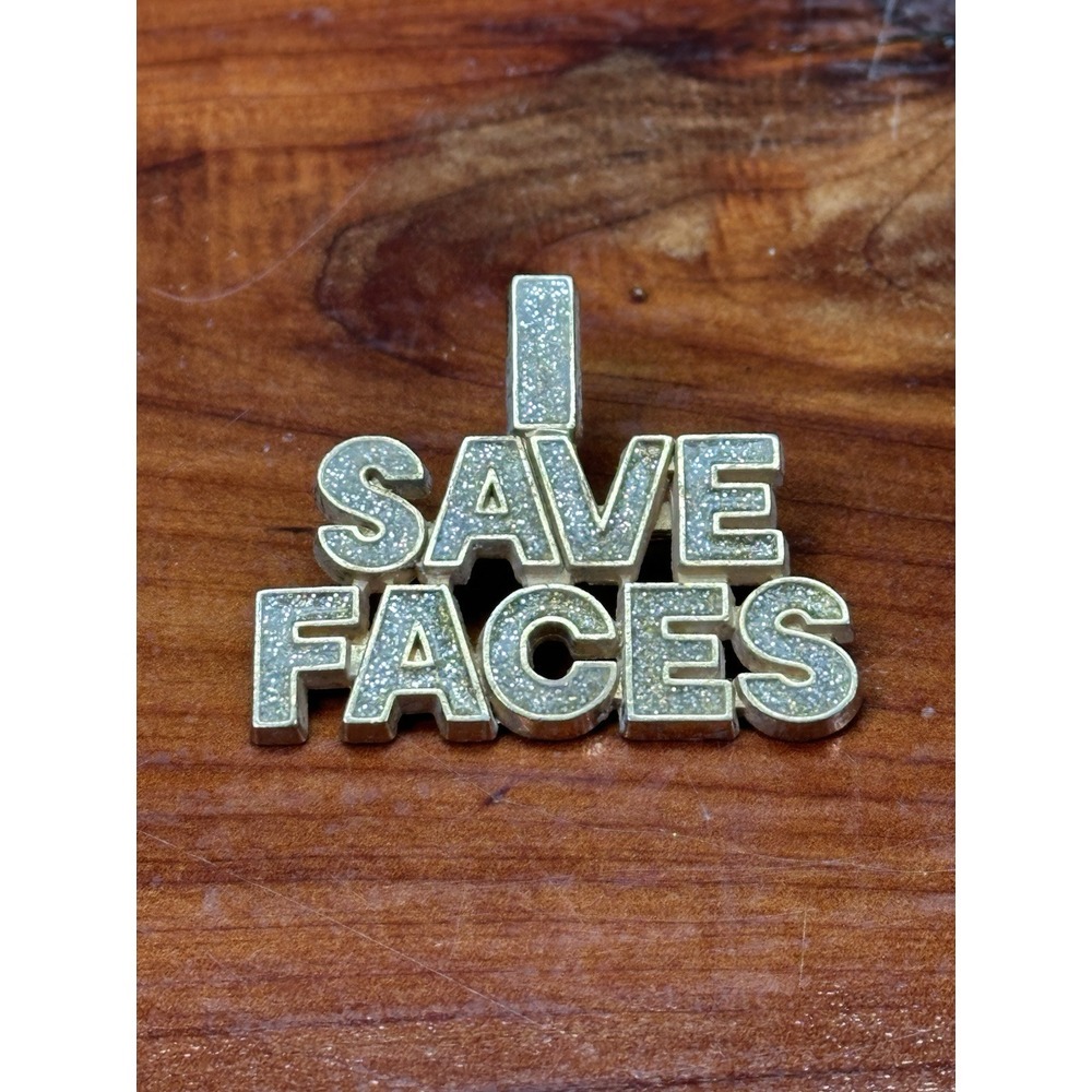 I Save Faces Pin Brooch Gold Tone Jeweled Sparkly Vintage